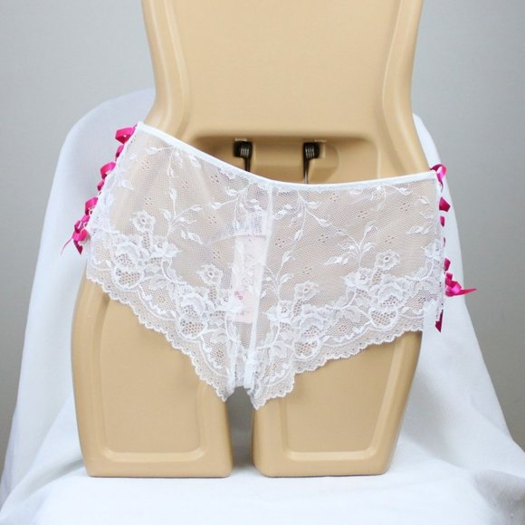 La Senza White Lace Panties Large Pink Ribbon Rhinestones Boyshort Sheer Mid P25 - Picture 5 of 5